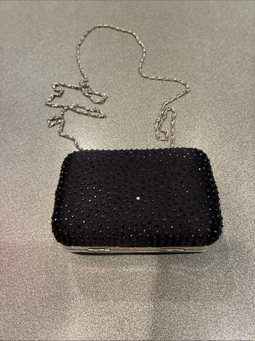 Black Crystal-Studded Evening Clutch with Silver Chain
